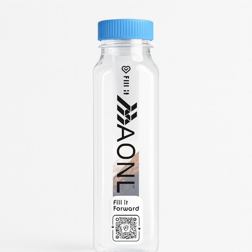 Reusable water bottle with a logo near a water station